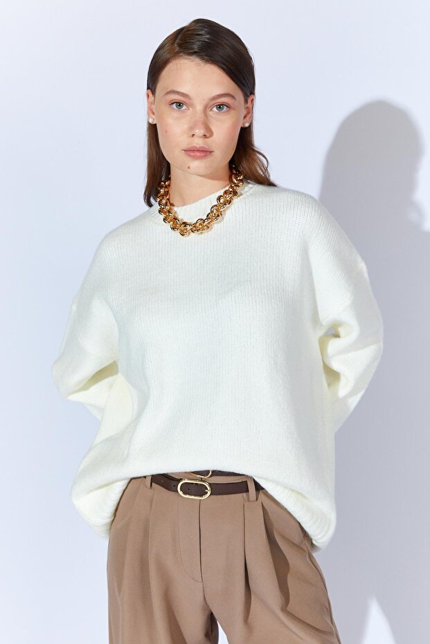 Kadın Krem Bisiklet Yaka Basic Triko Kazak - 2