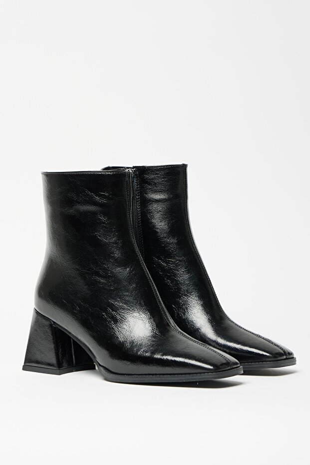Women's Black Patent Leather Boots & Booties Blunt Toe Heeled Contrast Pu Leather Zippered Stylish