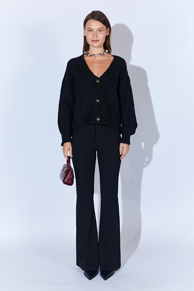 Kadın Siyah V Yaka Basic Hırka - 6