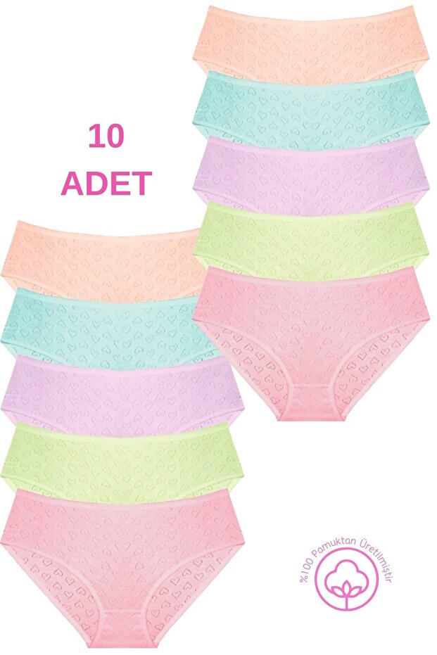 1506 Heart Patterned 100% Cotton 10-Piece Women's Bato Panties Pack