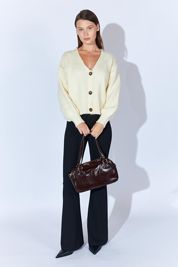 Kadın Krem V Yaka Basic Hırka - 7