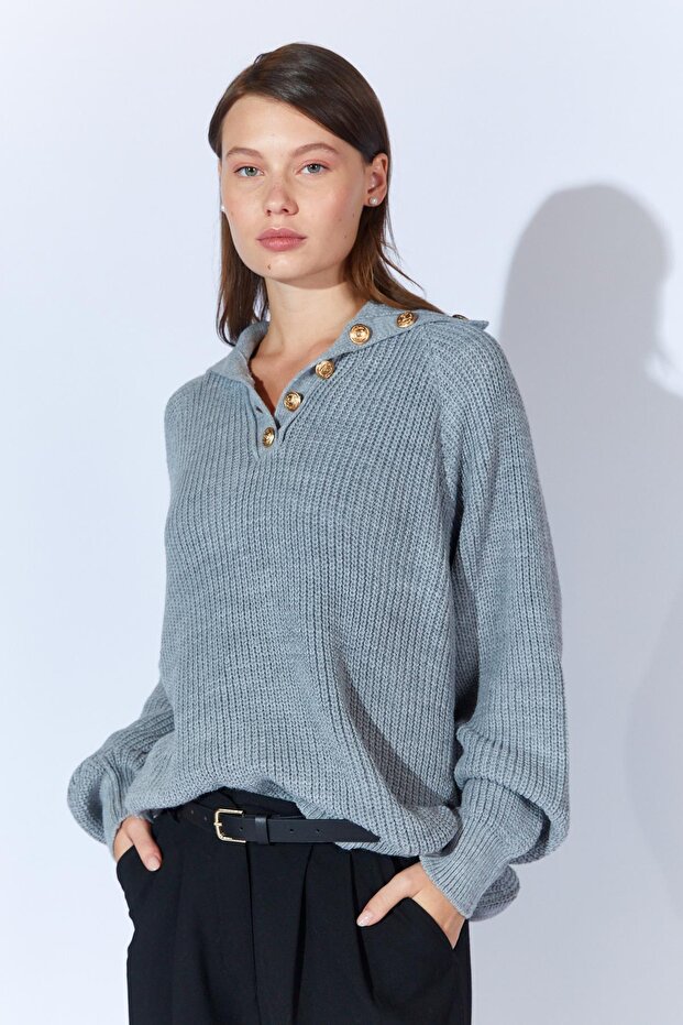 Women's Gray Shawl Collar Buttoned Knitwear Sweater