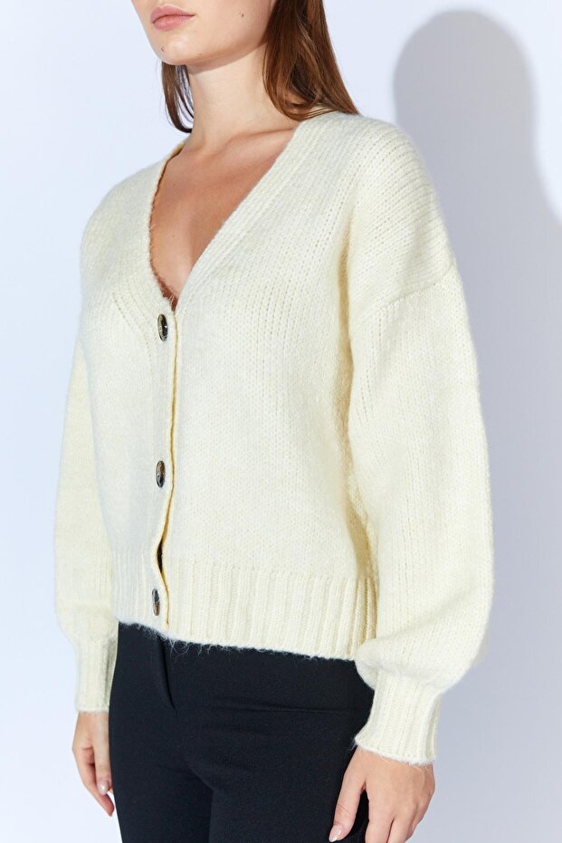 Kadın Krem V Yaka Basic Hırka - 8