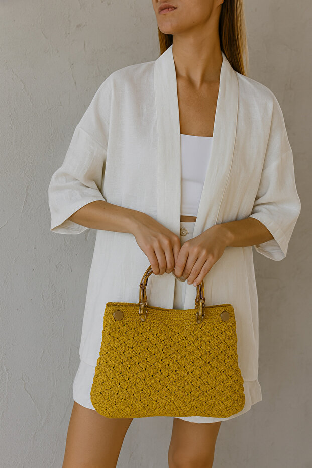 Hardal Rengi Tığ İşi Örgü Çanta, Bambu Saplı, El Yapımı Çanta - 3