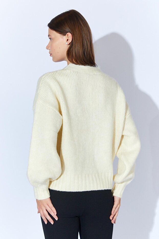 Kadın Krem V Yaka Basic Hırka - 9