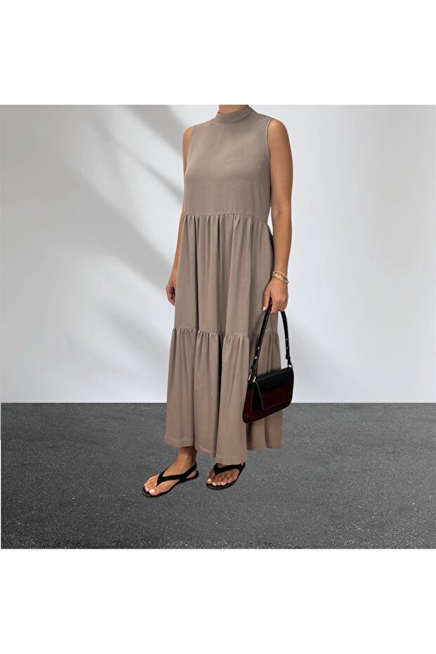 Mink High Neck Skirt Ruffled Long Dress