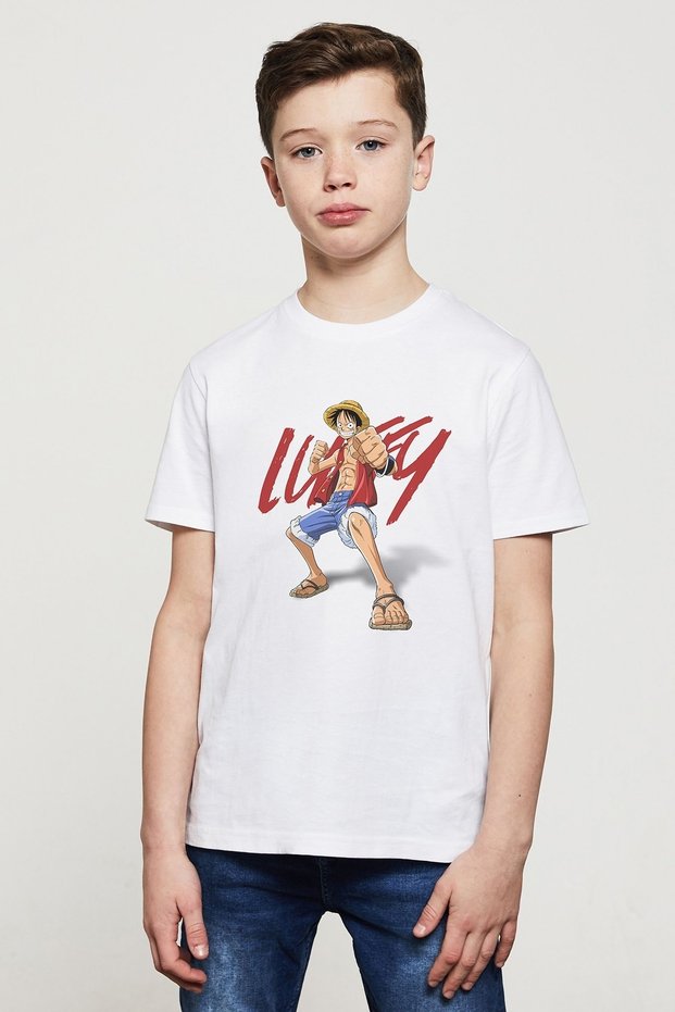 Boy's White Anime Luffy One Piece Printed T-shirt