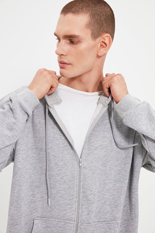 Gri Oversize/Geniş Kesim Fermuarlı Kapüşonlu Şardonsuz Sweatshirt-Hırka TMNAW22SW0620 - 8