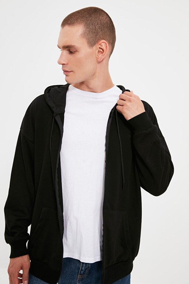 Siyah Oversize/Geniş Kesim Kapüşonlu Fermuarlı Şardonsuz Sweatshirt-Hırka TMNAW22SW0620 - 2