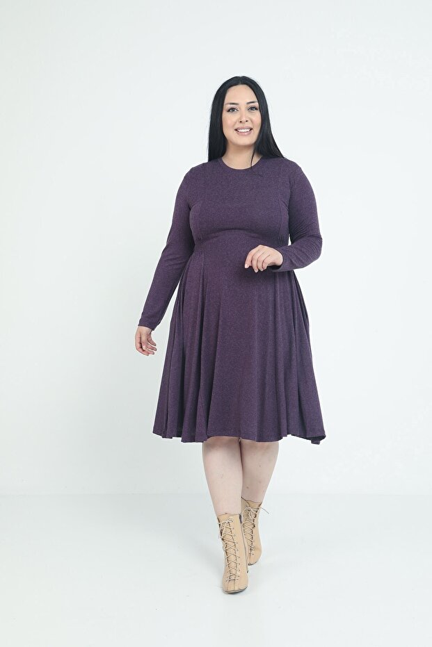 Plus Size Round Neck Pocket Waist Side Gathered Wool Viscose Midi Plum Dress