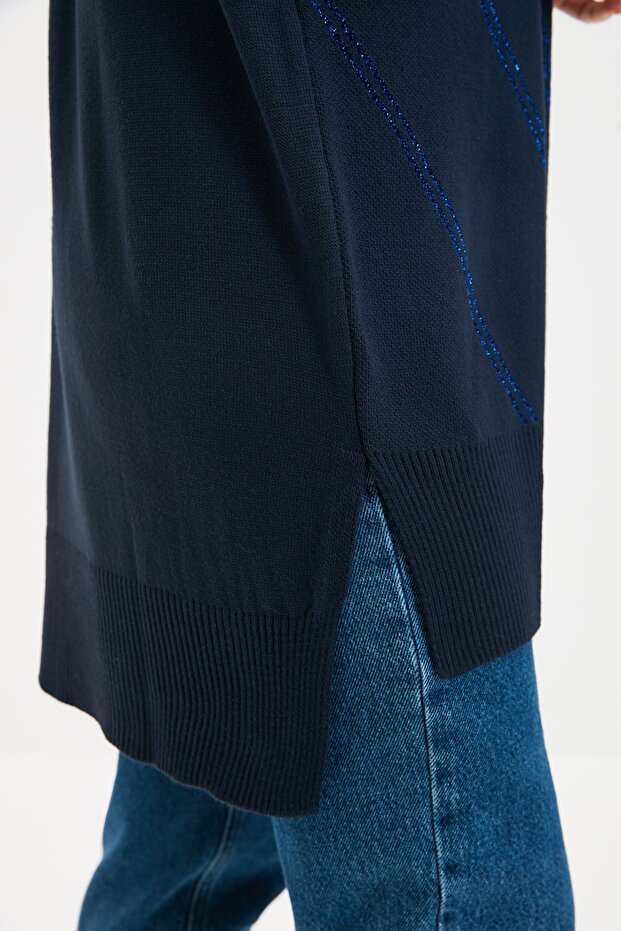 Marineblauer glitzernder langer Strickpullover TCTAW22AK0129 - 3