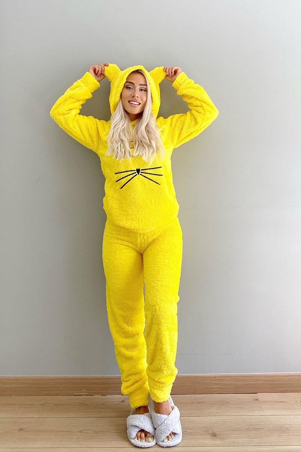 Sarı Meow Desenli Tam Peluş Pijama Takımı - 5