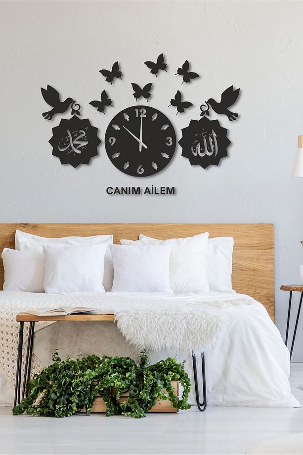 Siyah Ahşap Kuş Kelebek Canım Ailem Duvar Saati Salon Oturma Odası Mutfak Için 55x90 Duvar Dekoru - 2