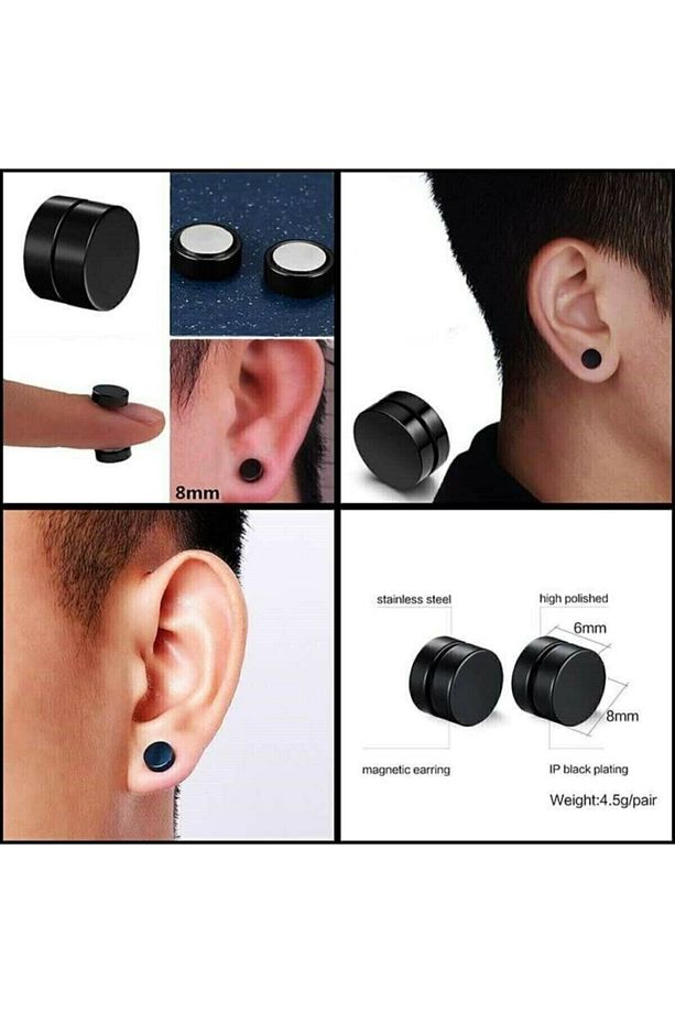 Siyah Düz Yuvarlak Mıknatıslı Erkek Küpe 1 Çift 8mm Mıknatıs Çelik Manyetik - 2