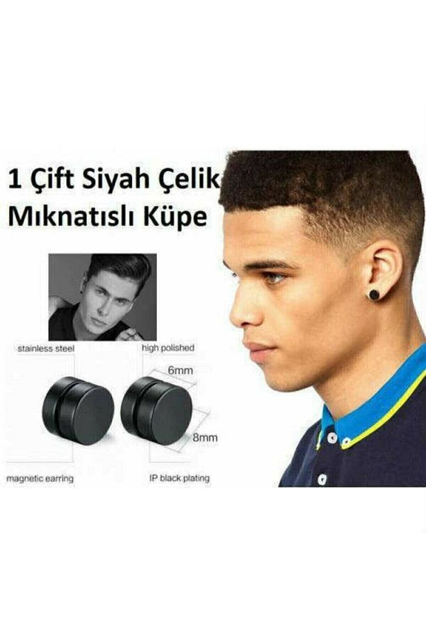 Siyah Düz Yuvarlak Mıknatıslı Erkek Küpe 1 Çift 8mm Mıknatıs Çelik Manyetik - 3