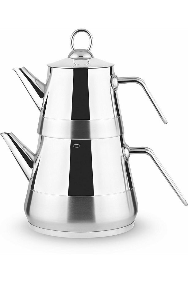 Piramit Gümüş Metal Kulp Paslanmaz Çelik Çaydanlık Aile Boy Demlik 1,2 Litre Suluk 2,65 Litre - 1