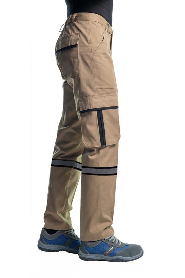 Reflective Work Trousers, Beige-Black, Commando Pockets -54E3357-