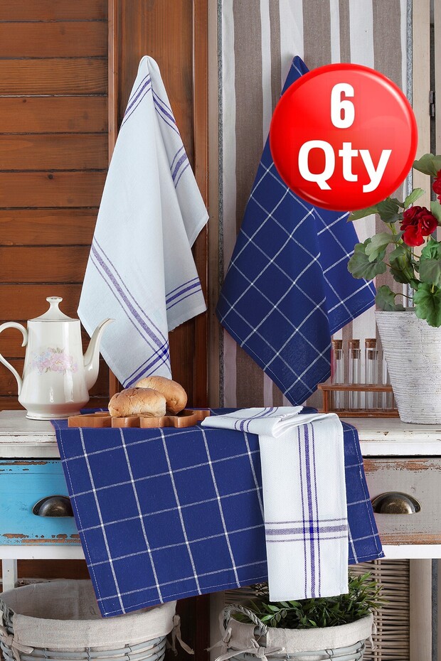 Set of 6 Kitchen Towels & German Napkin 50X70 cm 100% Cotton and Washed Large Checkered
