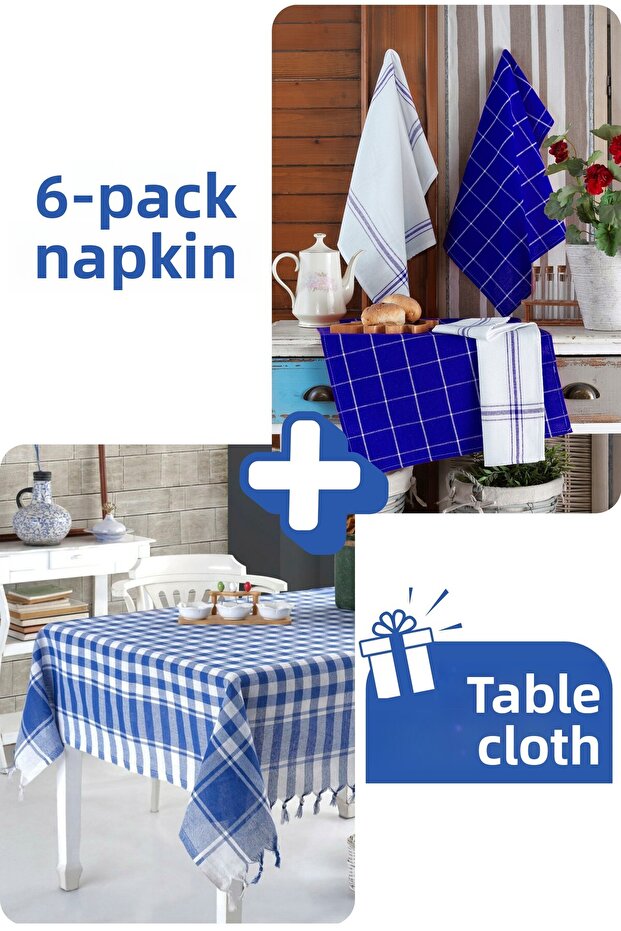 Tablecloth | Set of 6 Kitchen Towels & German Napkin 50X70 cm 100% Cotton Washed Large Checked