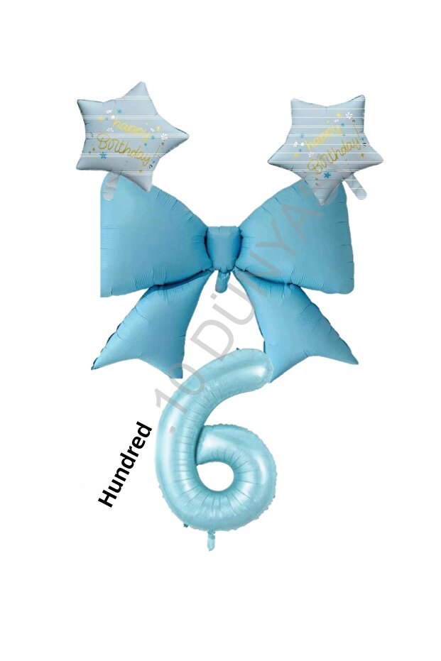 Blue Color Star Bow Number Foil Balloon Set Age 6