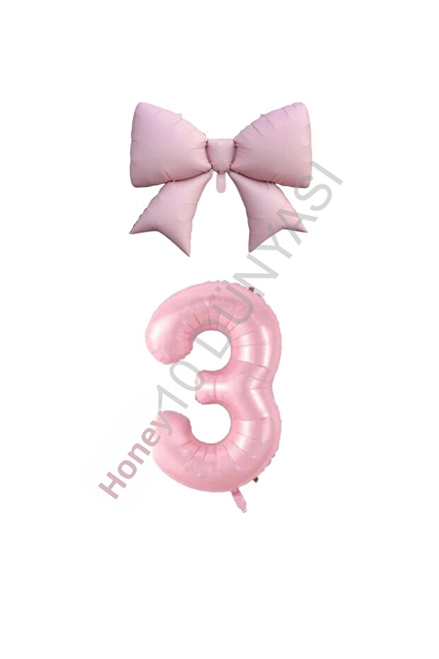 Pink Color Bow Number Foil Balloon Set Age 3