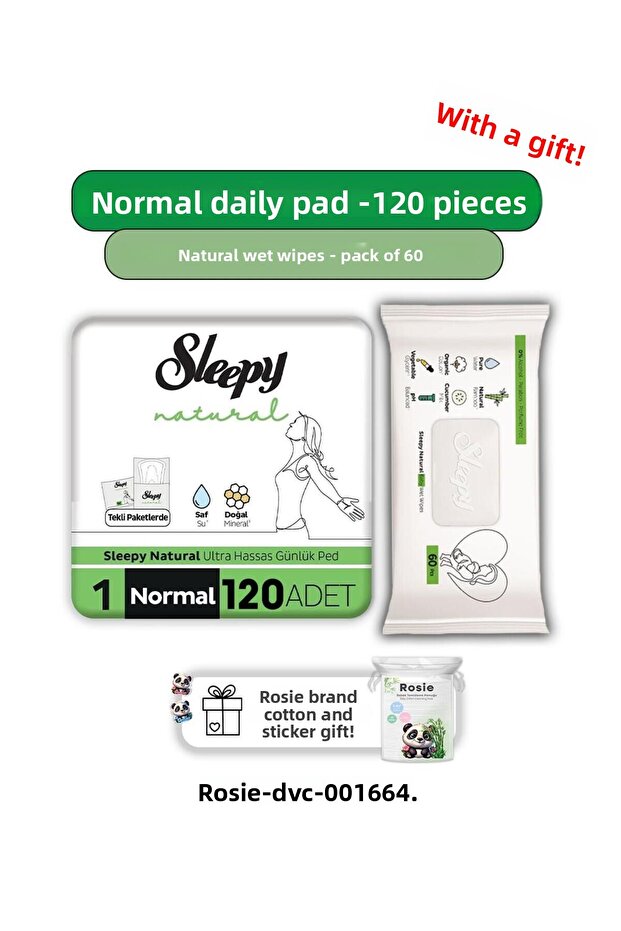 Natural Ultra Sensitive Daily Sanitary Pad Normal 120 Pieces, Natural 60 Pack Wet Wipes and Rosie