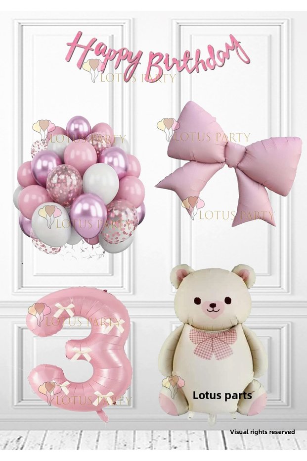 Pink Bow Set with Cream-Colored Ribbon Bear Ribbon Number Pink Bow Pink Color Number 3 Years Old