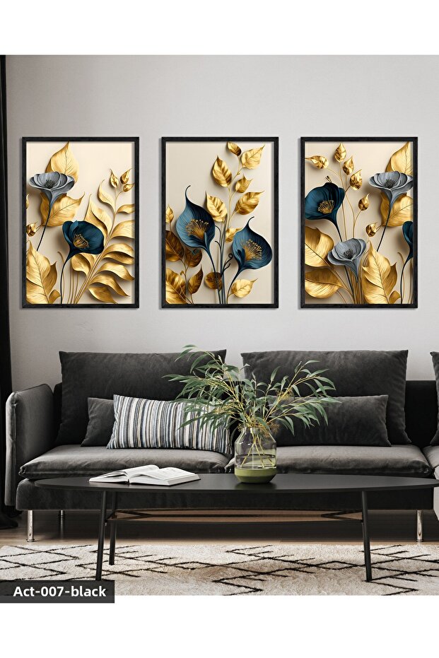 Elegant Gold Leaf Flowers 3 Piece Black Wooden Framed Painting