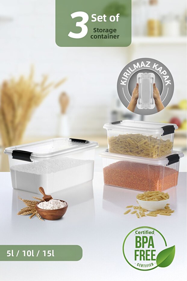 3-Pack Organizer Box 5-10-15L Storage Container - Multi-Purpose Organizer Lock Lid Deep Storage Box - 1