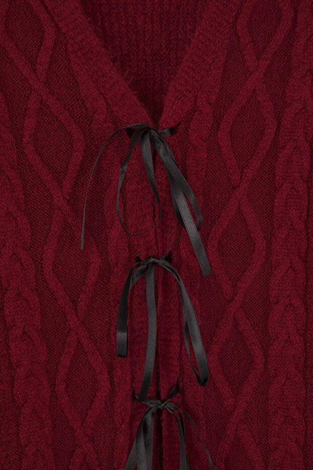 Bordo Kurdele/Fiyonk Detaylı Triko Hırka TBBAW26AV00013 - 6