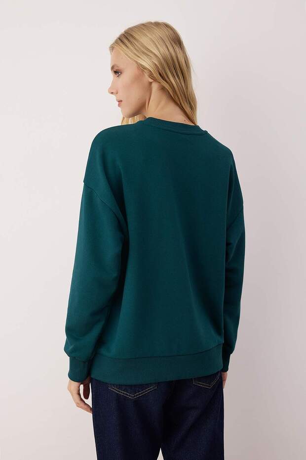 Zümrüt Yeşili Oversize/Bol Kesim Bisiklet Yaka Kalın Şardonsuz Örme Sweatshirt TWOAW26SW00029 - 5