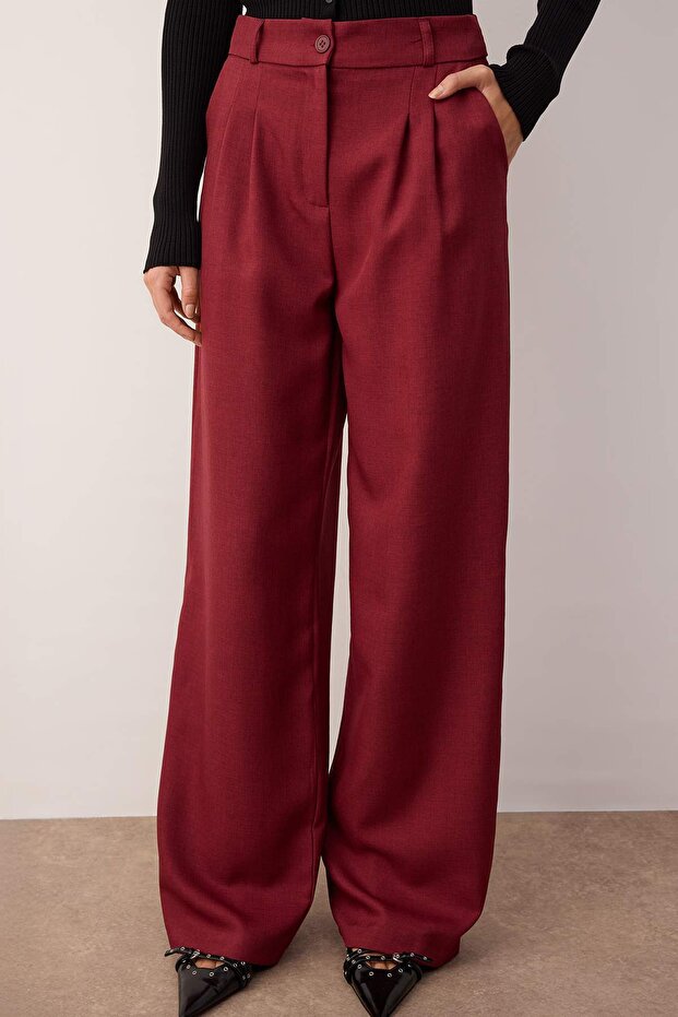 Bordo Wide Leg/Geniş Paça Pilili Pantolon TWOAW22PL0475 - 3