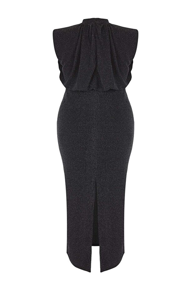Siyah Tül Örme Maxi Boy Büyük Beden Elbise TBBSS25AH00247 - 9