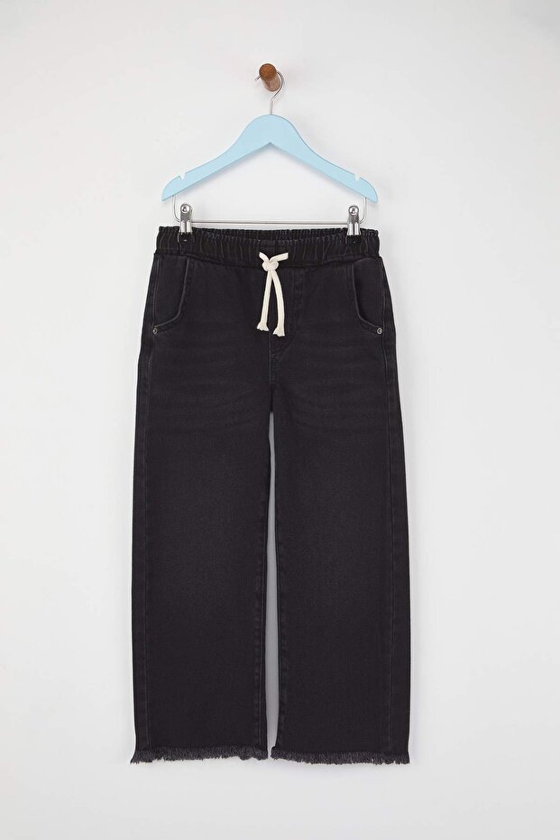 Siyah 100% Pamuk Ayarlanabilir Lastikli Kordonlu Kız Çocuk Denim Jeans TKDAW26JE00009 - 2
