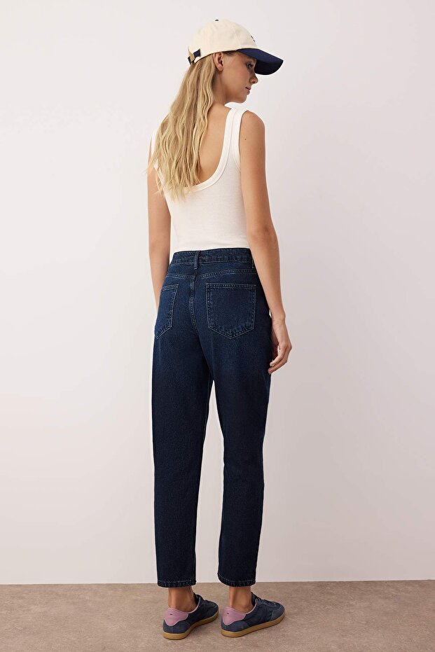 Gece Mavisi Yüksek Bel YENİ MOM %100 pamuk Non-Stretch Jeans TWOAW26JE00054 - 4