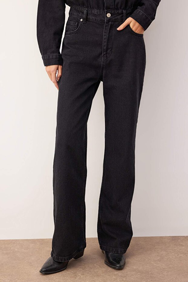 Siyah Gömlek Yaka Geniş Paça Denim Tulum TWOAW26TU00002 - 3