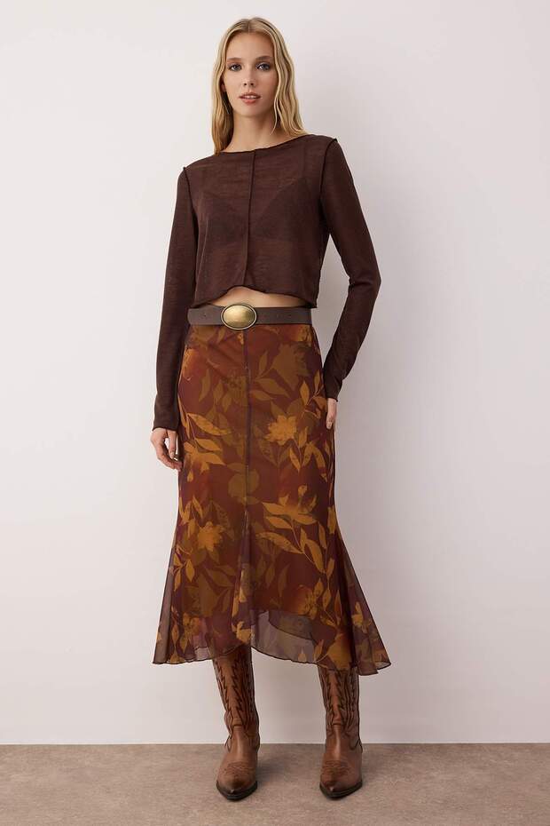 Çok Renkli Baskılı Bodycon Tül Esnek Örme Etek TWOAW26ET00088 - 5