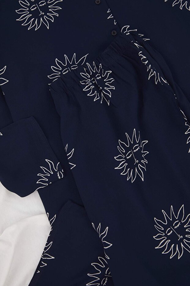 Güneş Desenli Viskon Dokuma Büyük Beden Pijama Takımı TBBAW26AI00013 - 5