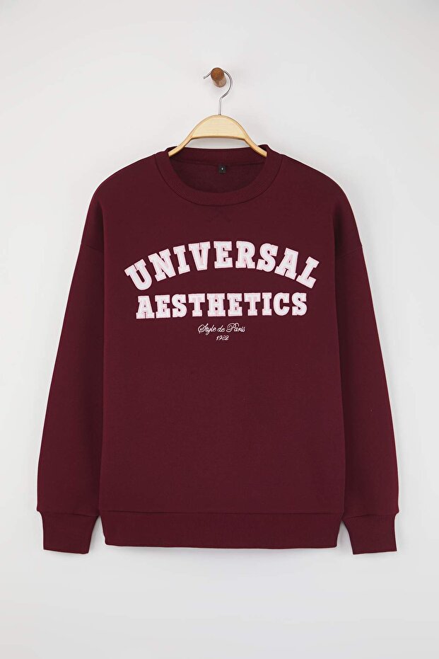 Bordo Slogan Nakışlı Oversize/Geniş Kalıp Örme Sweatshirt TWOAW26SW00048 - 5