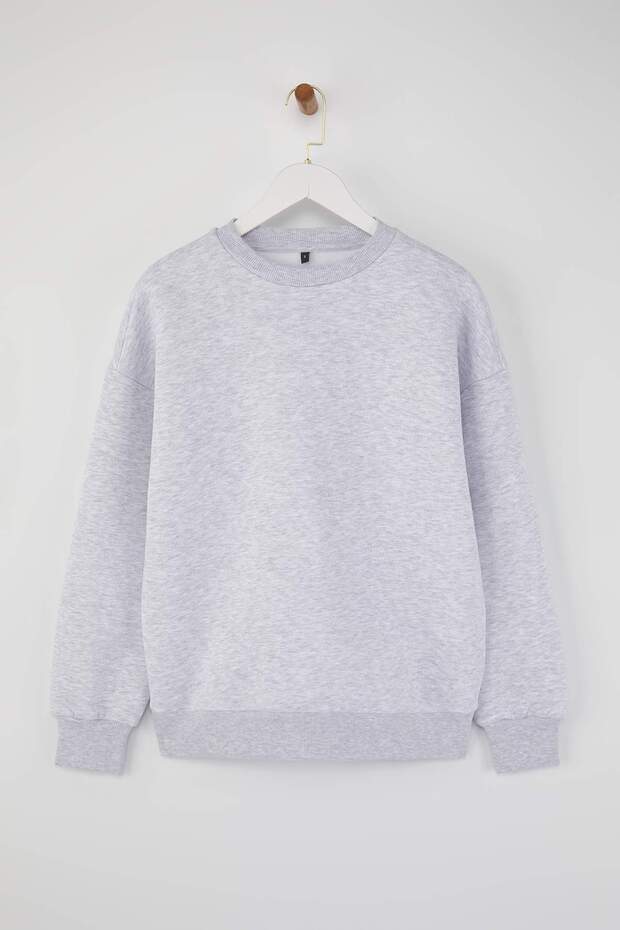 Kar Melanj Oversize/Rahat Kesim Basic Bisiklet Yaka Kalın/İçi polarlı Örme Sweatshirt TWOAW24SW00102 - 5