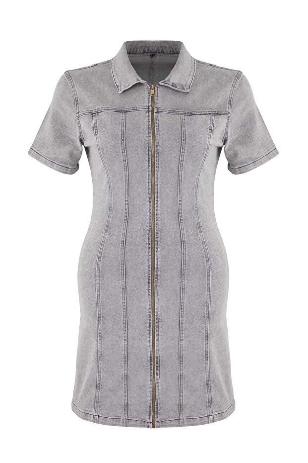 Šedé přední zipové středně elastické džínové šaty velké velikosti TBBSS24AH00206 - 5