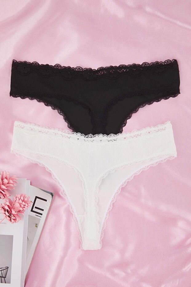 Siyah-Beyaz 2'li Paket Örme Esnek Tanga Büyük Beden Külot TBBAW26CM00001 - 4
