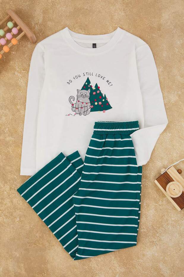 Yeşil Yumuşak Dokulu Baskılı Regular Örme Unisex Çocuk Pijama Takımı TKDAW26PT00004 - 3