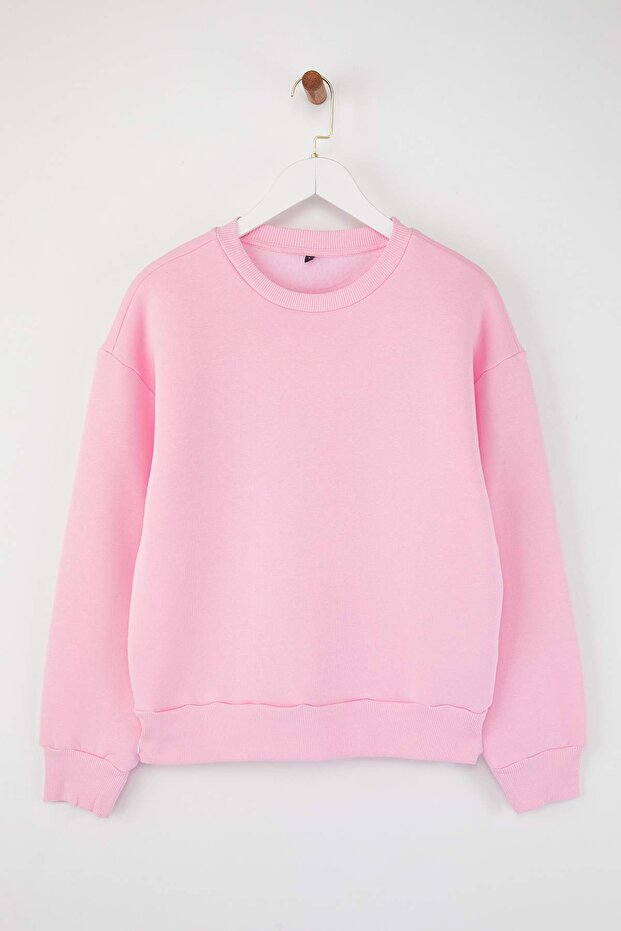 Açık Pembe Kalın İçi Polarlı Regular/Normal Kalıp Bisiklet Yaka Basic Örme Sweatshirt TWOAW24SW00101 - 7