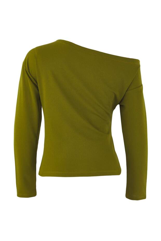 Yağ Yeşili Büzgü/Drape Detaylı Dökümlü Asimetrik Yaka Örme Bluz TWOAW26BZ00138 - 4