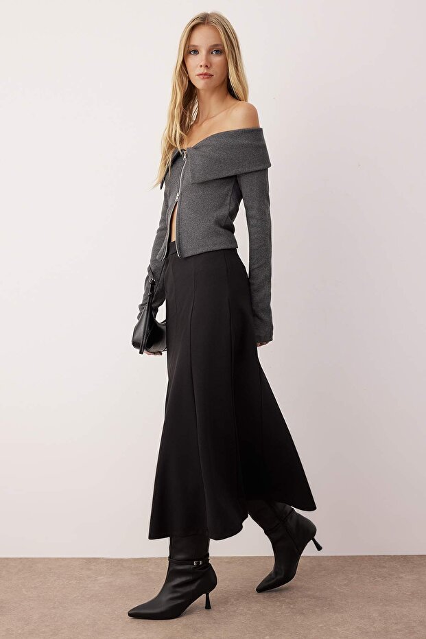 Siyah Kloş Maxi Esnek Midi Örme Etek TWOSS24ET00156 - 6