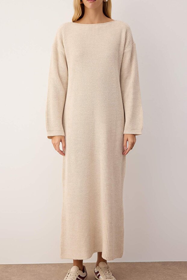Taş Düz Maxi Basic Oversize Kayık Yaka Triko Uzun Elbise TWOAW26EL00151 - 3