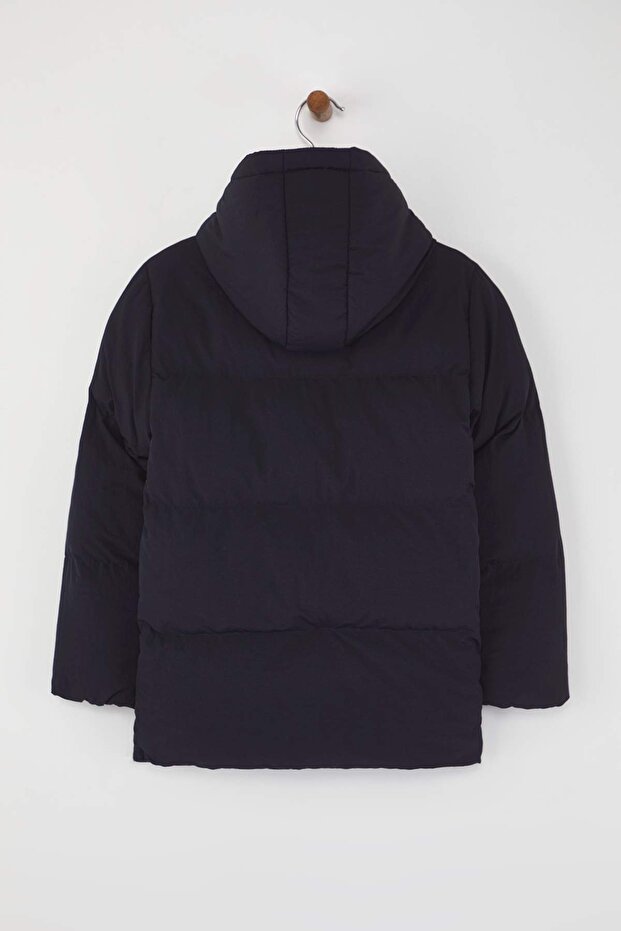 Lacivert Düz/Basic Kalın Kapüşonlu Regular Unisex Çocuk Mont TKDAW26MO00014 - 4