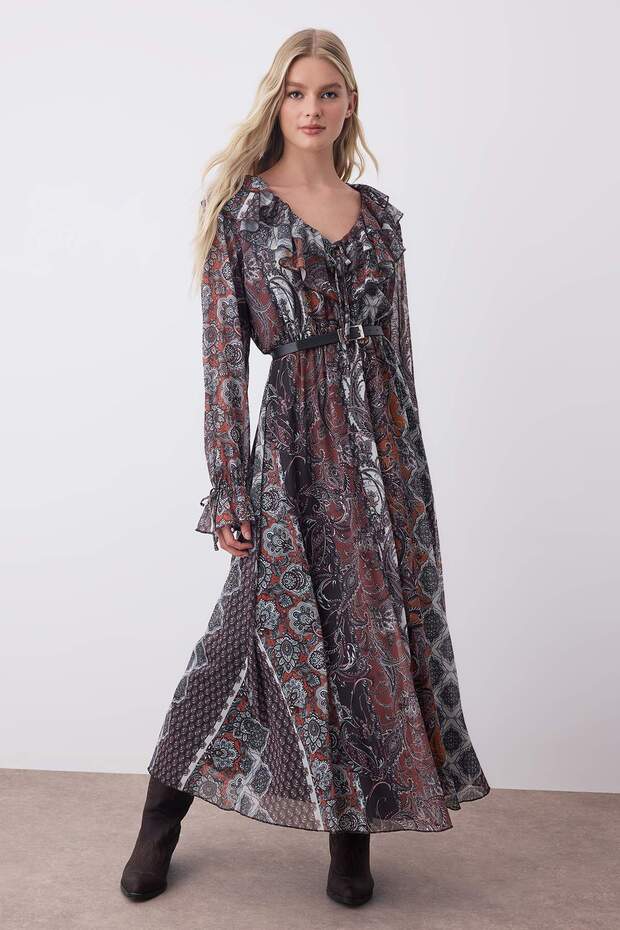 Çok Renkli Boho Baskılı Fırfır Detaylı Skater/Belden Açılan Midi Esnek Örme Elbise TWOAW26EL00250 - 2