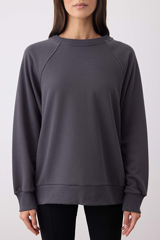 Antrasit Relaxed/Rahat Kalıp Basic Reglan Kol Bisiklet Yaka Örme Sweatshirt TWOAW26SW00030 - 4